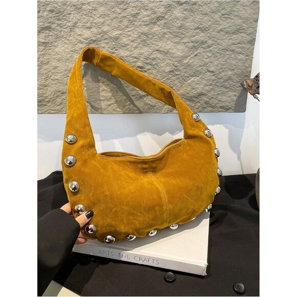 Compact Rivet Suede Underarm Bag - Top Handle Zipper Purse for All Occasions - Picture 2 of 6
